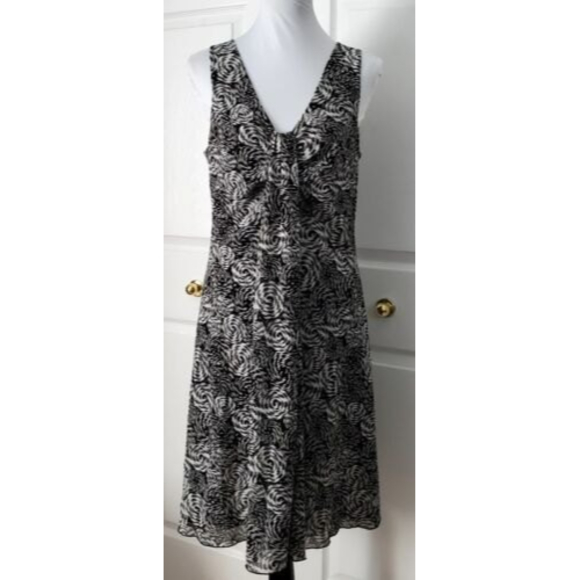 Kenneth Cole New York Midi Dress Womens Black White Sheer Layered Shift Sz M EUC - Picture 1 of 8